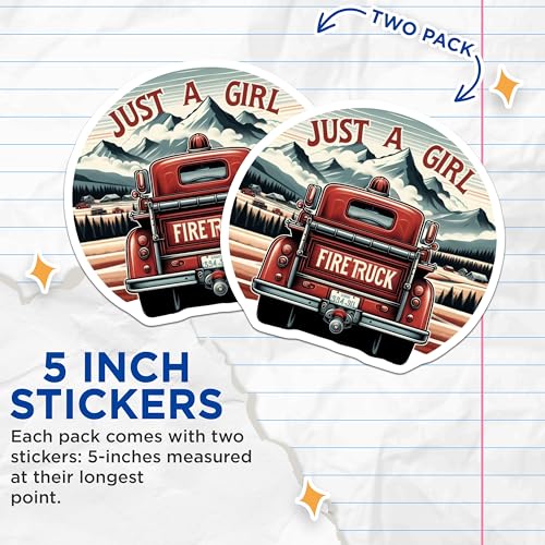 (2 Pack) Just a Girl Firetruck Stickers - Retro Truck Stickers - Adventure Stickers for Girls - 5" On Longest Side - Sticks to Smooth Flat Surfaces - Made in USA - BMCS7195