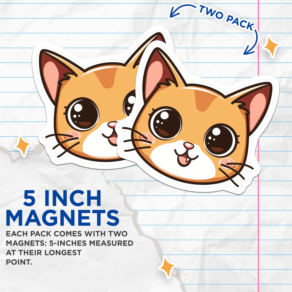 (2 Pack) Cute Cat Face Magnets - Kawaii Kitten Refrigerator Decor - Adorable Pet Lover Car Locker Accessories - 5 Inches On Longest Side - Thick Durable Magnet - Made in USA - MAG36299