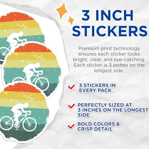 (3 Pack) Cycling Decals - Retro Biker - Laptop Decals - 3 Inches On Longest Side - Easy Peel & Apply - Made in USA - 3MCS4314