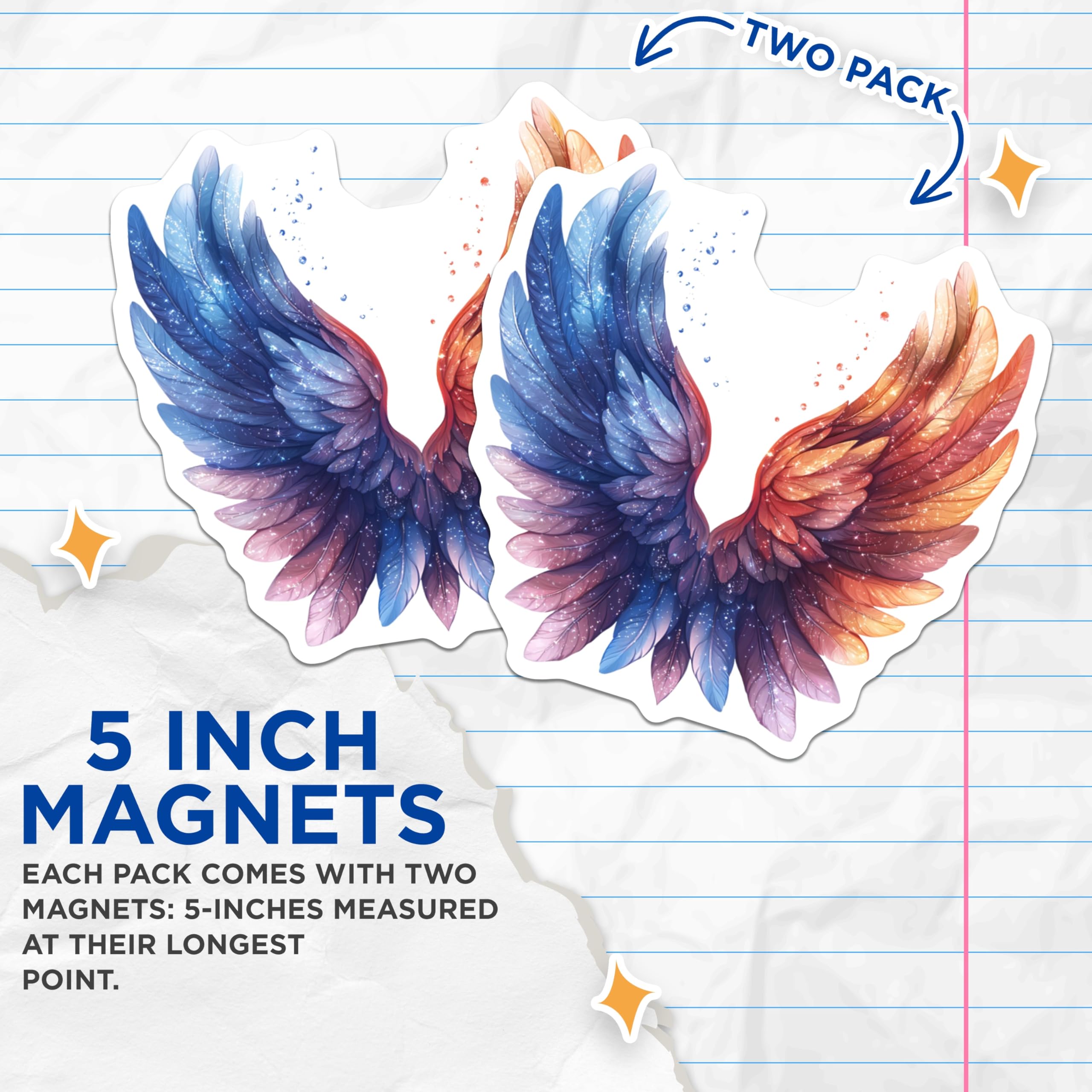 (2 Pack) Radiant Sparkling Wings Magnets - Fire Ice Feather Art - Ethereal Mystic Decor - 5 Inches On Longest Side - Thick Durable Magnet - Made in USA - MAG23607