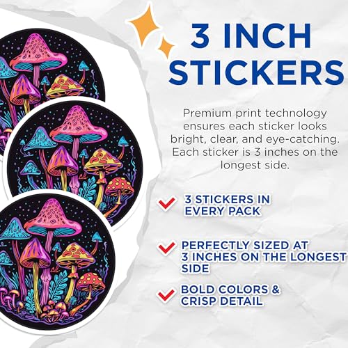(3 Pack) Mushroom Decals - Colorful Fungi Art - Laptop Decals- 3 Inches On Longest Side - Easy Peel & Apply - Made in USA - 3MCS5729