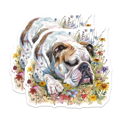 (2 Pack) Bulldog Sleeping Magnets - Cute Dog Illustration - Floral Background Dog Decor - 5" On Longest Side - for Cars, Fridges, Toolboxes - Made in USA - MAG7222