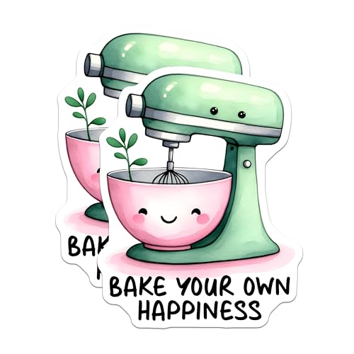 (2 Pack) Bake Your Own Happiness Stickers - Cute Mixer Kitchen - Whimsical Baking - 5" On Longest Side - Sticks to Smooth Flat Surfaces - Made in USA - BMCS7516