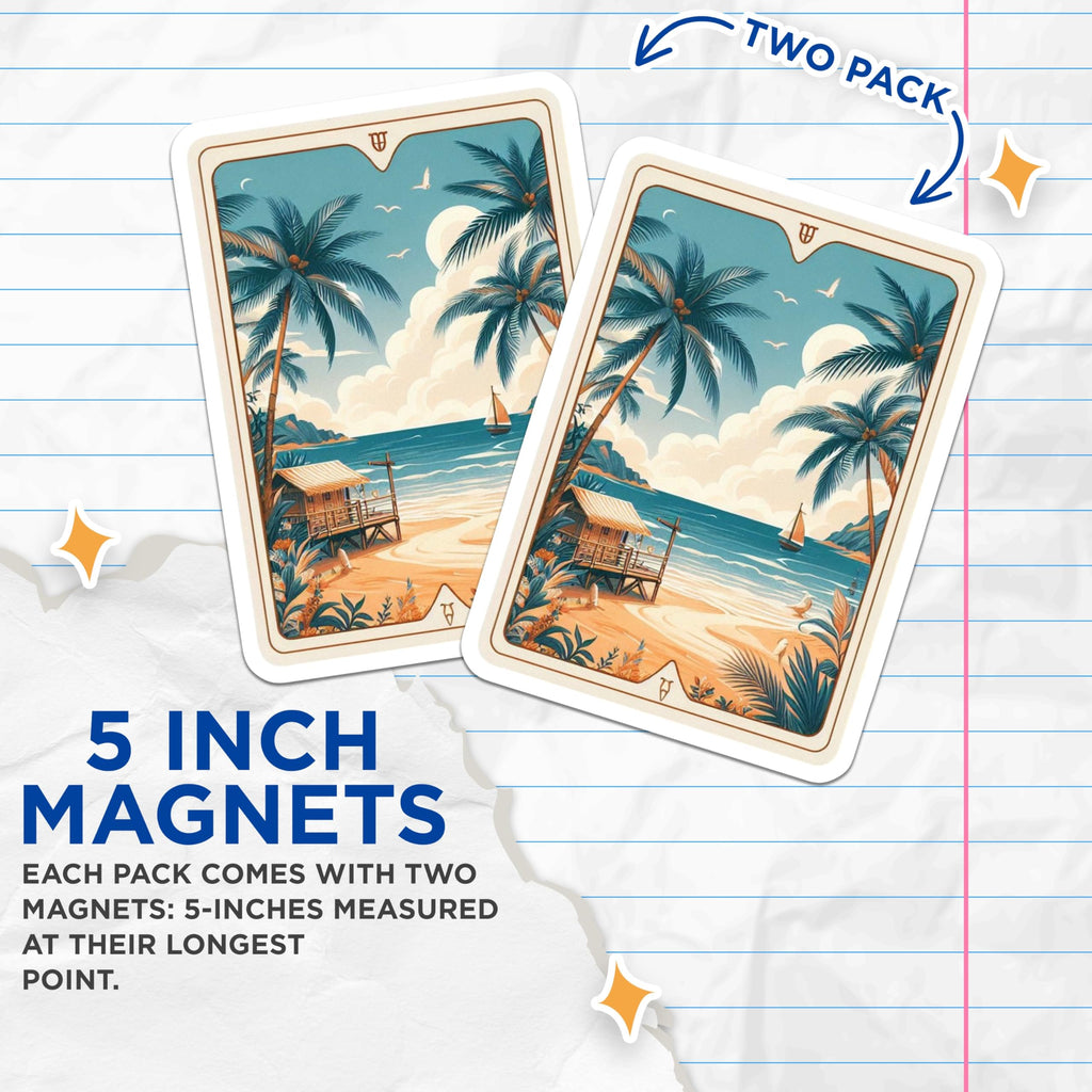 (2 Pack) Beach Scene Magnets - Palm Tree Decor - Tropical Island Art Magnets - 5" On Longest Side - Premium Magnet - for Cars, Refrigerators, Toolboxes, Lockers - Made in USA - MAG14904
