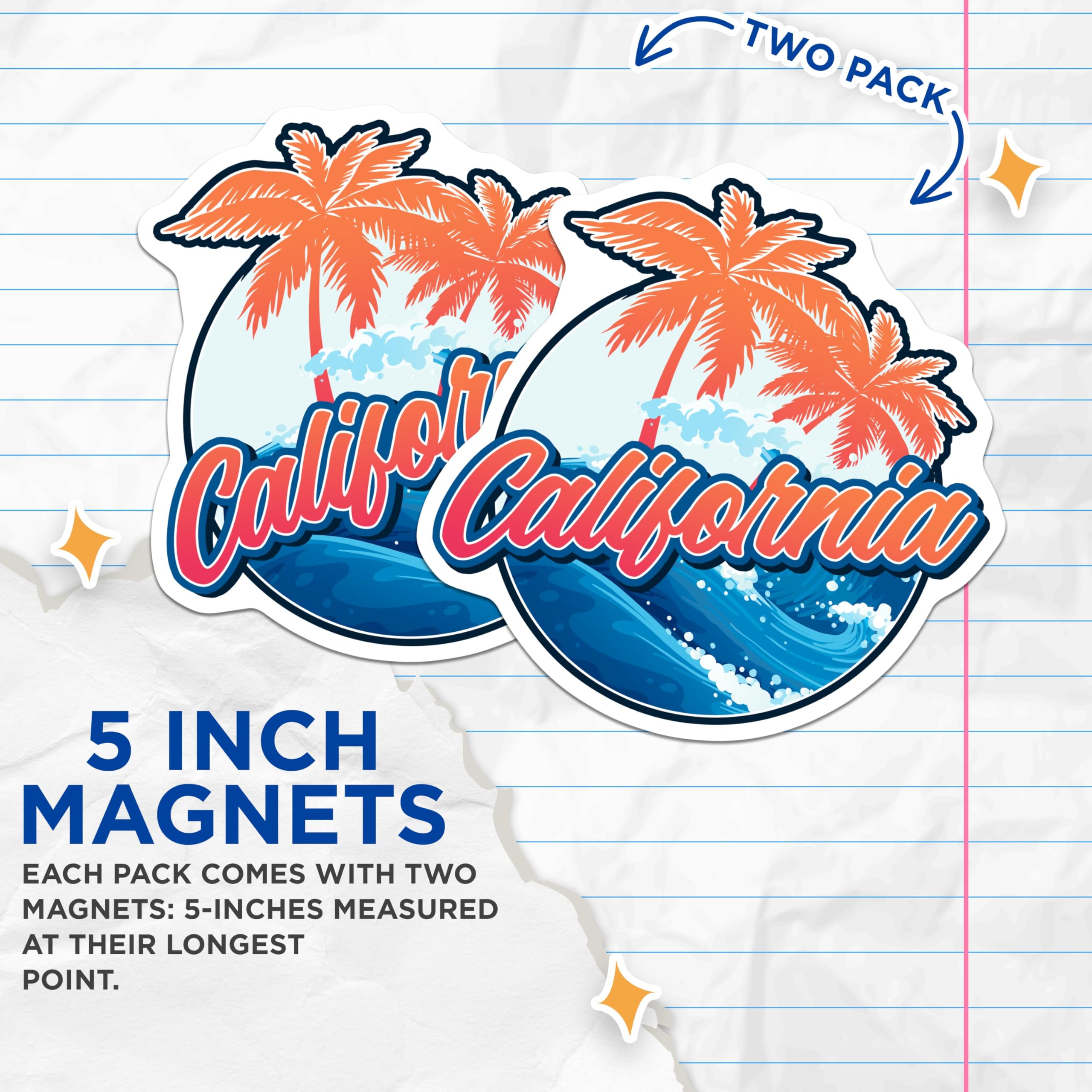 (2 Pack) California Magnets - Palm Trees - Wave Illustration - 5" On Longest Side - Premium Magnet - for Cars, Refrigerators, Toolboxes, Lockers - Made in USA - MAG18697