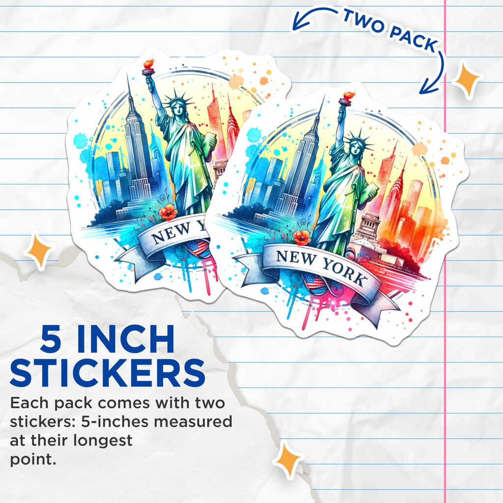 (2 Pack) New York Statue of Liberty Stickers - Watercolor NYC Skyline - Travel Souvenir Stickers - 5" On Longest Side - Sticks to Smooth Flat Surfaces - Made in USA - BMCS7036