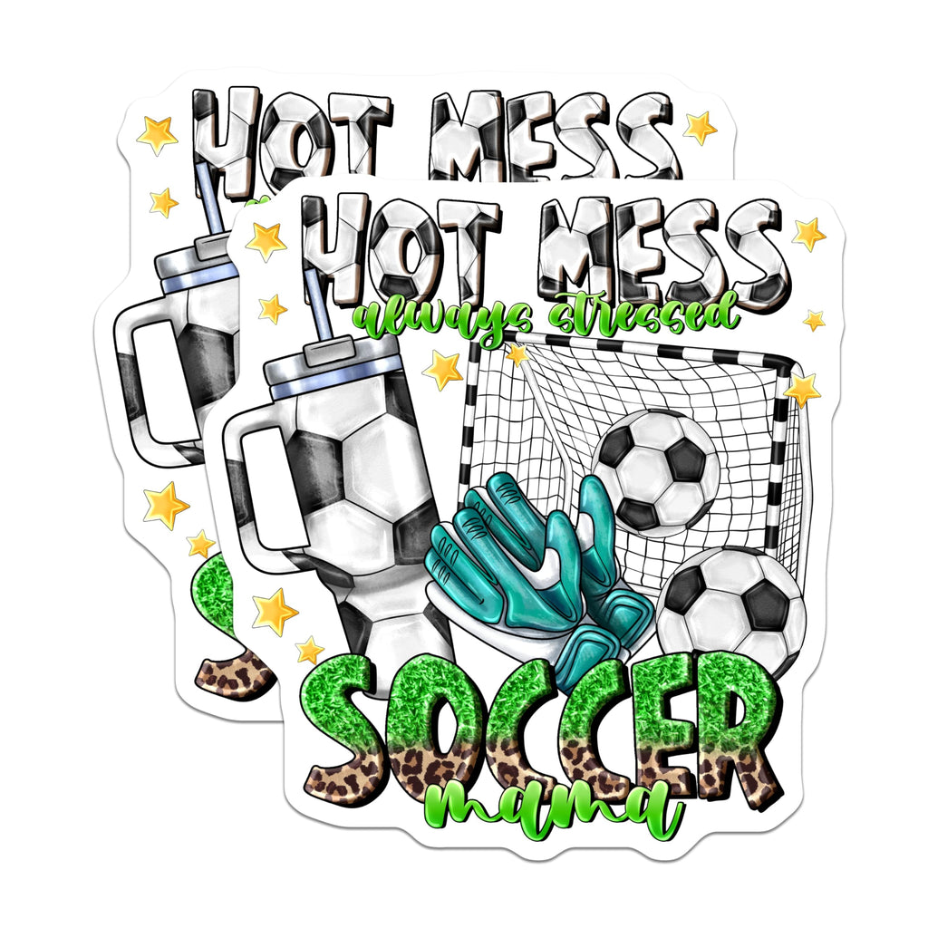(2 Pack) Hot Mess Always Stressed Soccer Mama Magnets - Funny Sports Mom Decor - Game Day Car Accessory - 5 Inches On Longest Side - Thick Durable Magnet - Made in USA - MAG26409