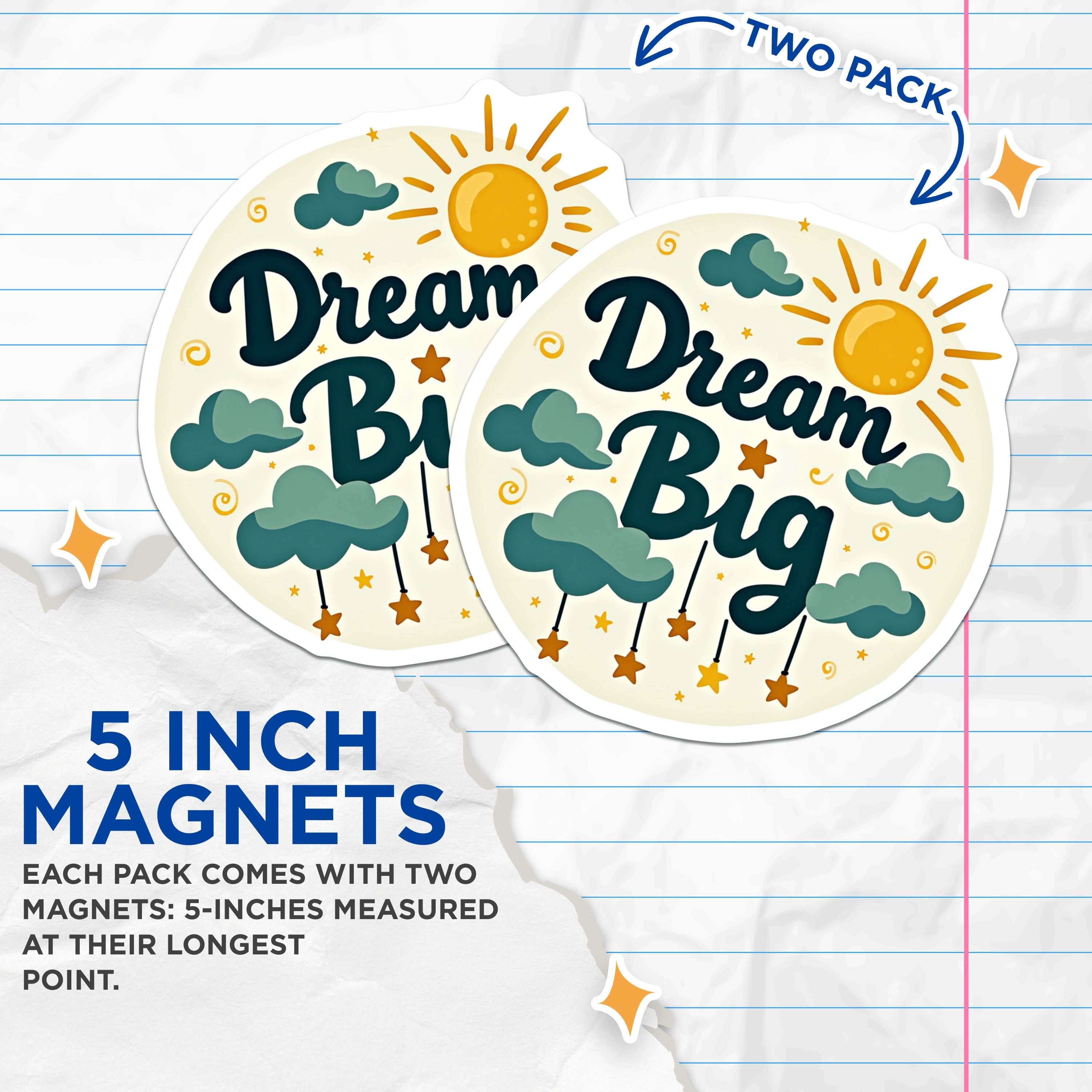 (2 Pack) Dream Big Magnets - Inspirational Fridge Decor - Motivational Message - Kids Room Decor - Positive Affirmation - Sun Cloud Stars - 5" - Durable Magnet - Made in USA - MAG37618
