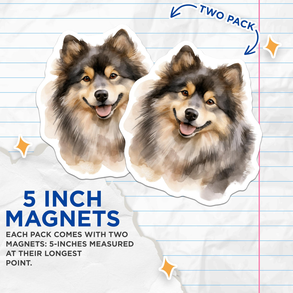 (2 Pack) Fluffy Finnish Lapphund Magnets - Watercolor Dog Art Pet Lover - Kitchen Refrigerator Accessory - 5 Inches On Longest Side - Thick Durable Magnet - Made in USA - MAG29321