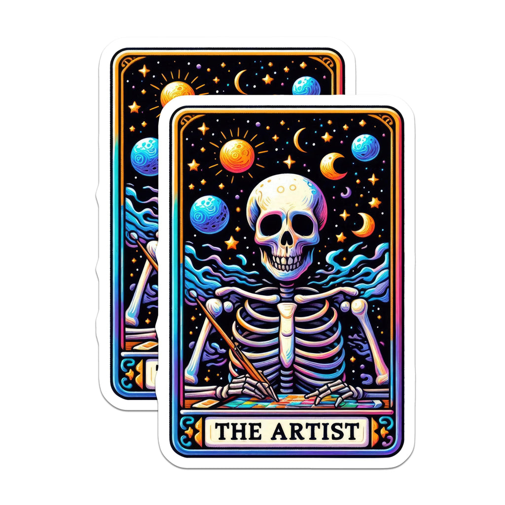 (2 Pack) Artistic Skeleton Stickers - Cosmic Skull Art Stickers - Space Theme Skeleton Stickers - 5" On Longest Side - Sticks to Smooth Flat Surfaces - Made in USA - BMCS5348