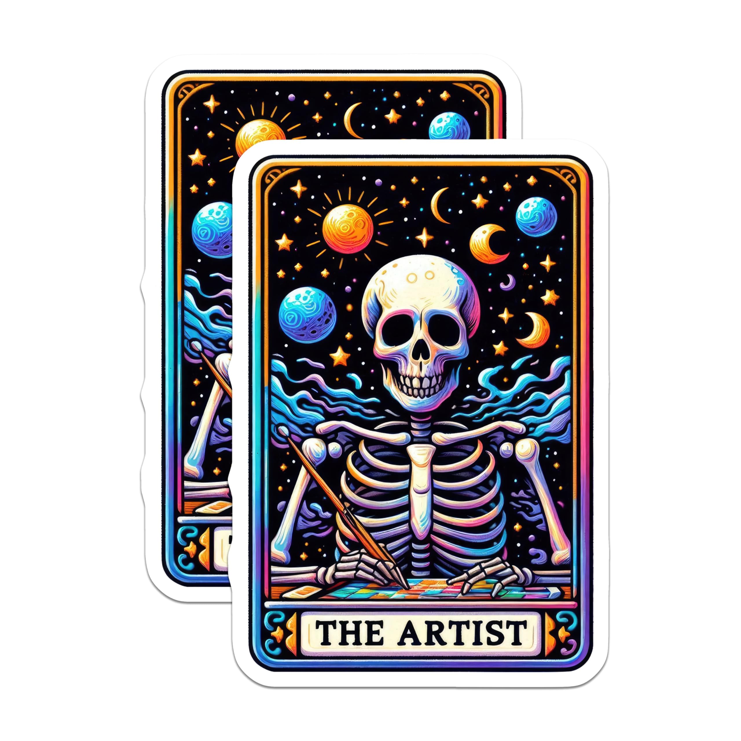 (2 Pack) Artistic Skeleton Stickers - Cosmic Skull Art Stickers - Space Theme Skeleton Stickers - 5" On Longest Side - Sticks to Smooth Flat Surfaces - Made in USA - BMCS5348