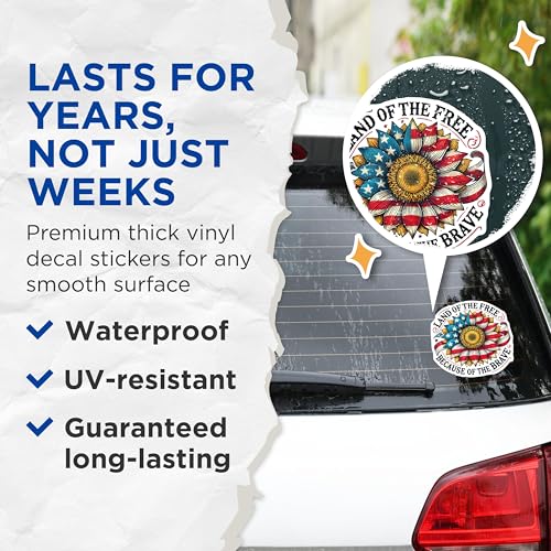 (2 Pack) Land of The Free Stickers - Patriotic Sunflower Decal - American Pride - 5" On Longest Side - Sticks to Smooth Flat Surfaces - Made in USA - BMCS7865