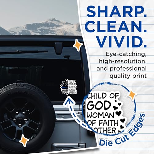 (2 Packs) Child of God Woman of Faith Mother of A Police Officer Stickers - Police Mom Decals - 5" On Longest Side - Premium Vinyl Decal - Sticks to Any Smooth Flat Surface - Made in USA - BMCS2456