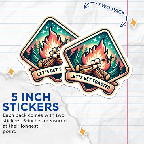 (2 Pack) Let's Get Toasted Stickers - Campfire Marshmallow Stickers - Camping Adventure Stickers - 5" On Longest Side - Sticks to Smooth Flat Surfaces - Made in USA - BMCS7026