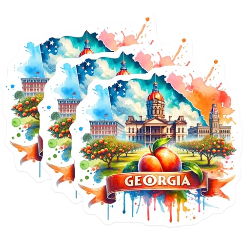 (3 Pack) Georgia Peach Decals - State Capitol - Watercolor Art Decal- 3 Inches On Longest Side - Easy Peel & Apply - Made in USA - 3MCS5599
