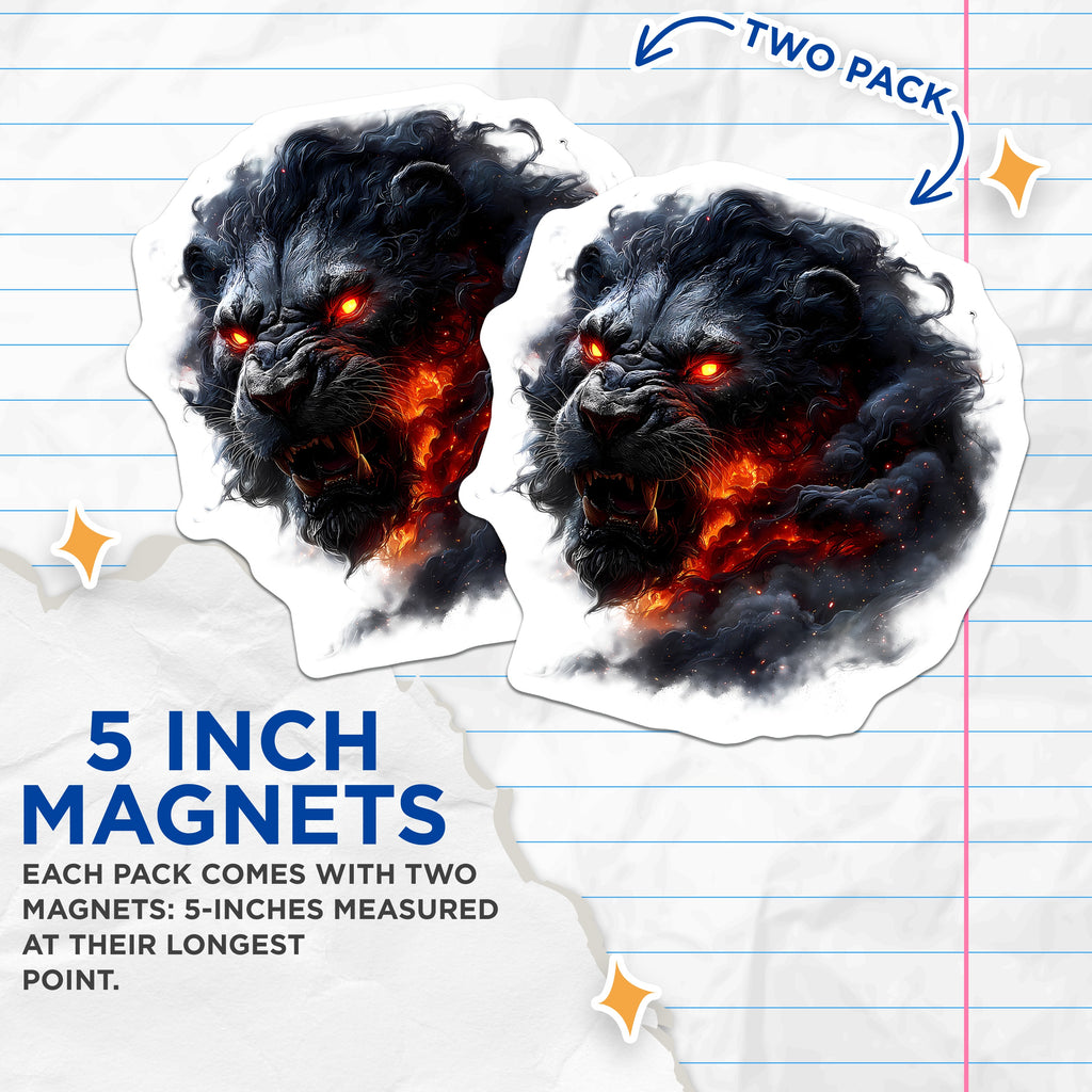 (2 Pack) Black Lion Magnets - Fiery Beast Head - Gothic Fantasy Decor Art - 5 Inches On Longest Side - Thick Durable Magnet - Made in USA - MAG36353