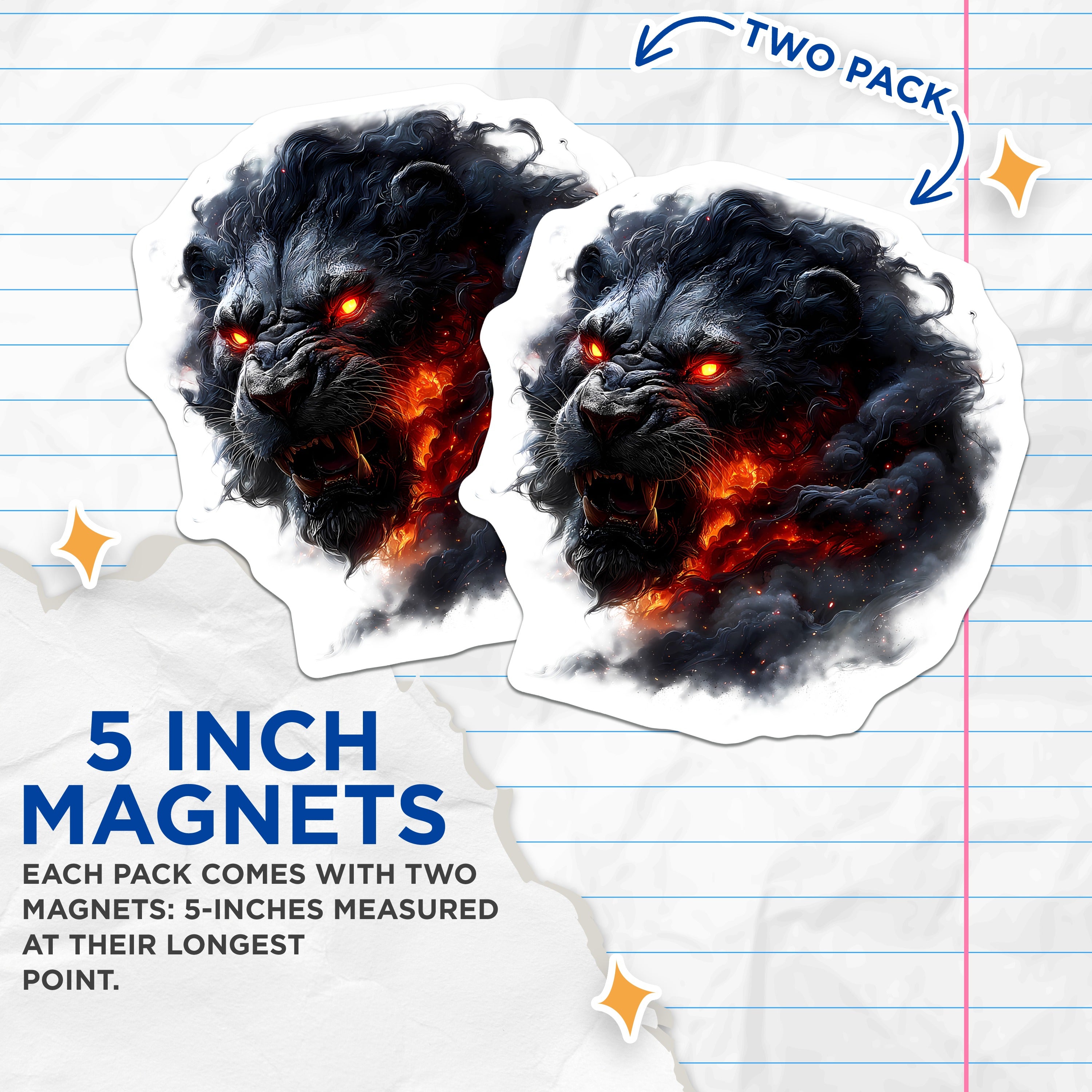 (2 Pack) Black Lion Magnets - Fiery Beast Head - Gothic Fantasy Decor Art - 5 Inches On Longest Side - Thick Durable Magnet - Made in USA - MAG36353