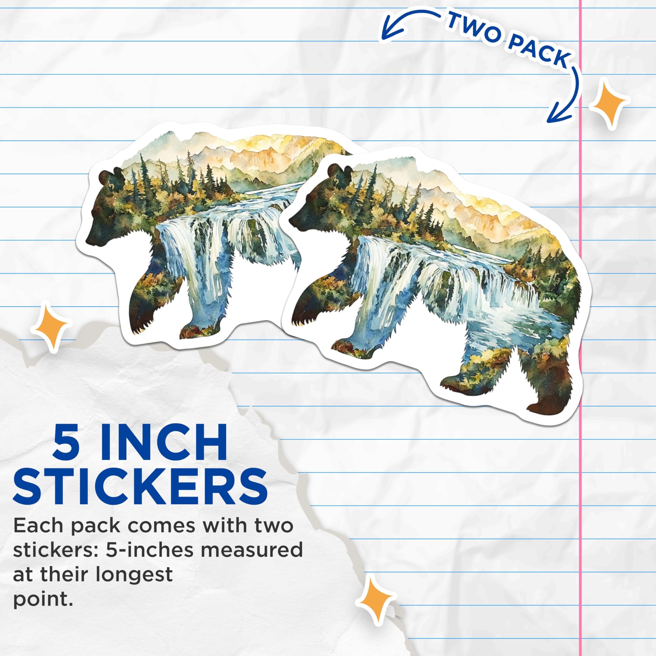 (2 Pack) Bear Waterfall Stickers - Mountain River Decals - Nature Art Stickers - 5" On Longest Side - Sticks to Smooth Flat Surfaces - Made in USA - BMCS14093