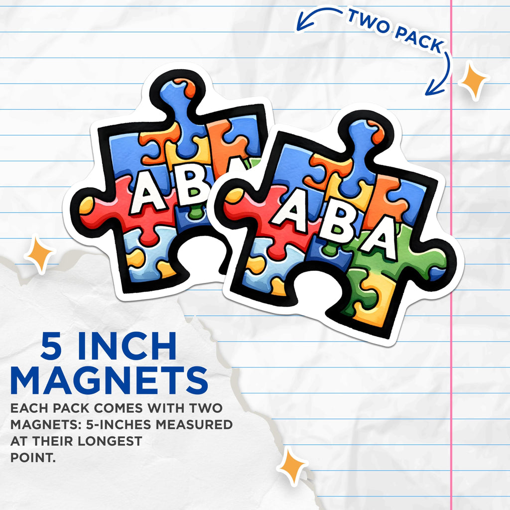 (2 Pack) ABA Puzzle Magnets - Colorful Autism Awareness Magnets - Beautiful Puzzle Piece Magnets - 5" On Longest Side - for Cars, Refrigerators, Toolboxes, Lockers - Made in USA BMCS3166