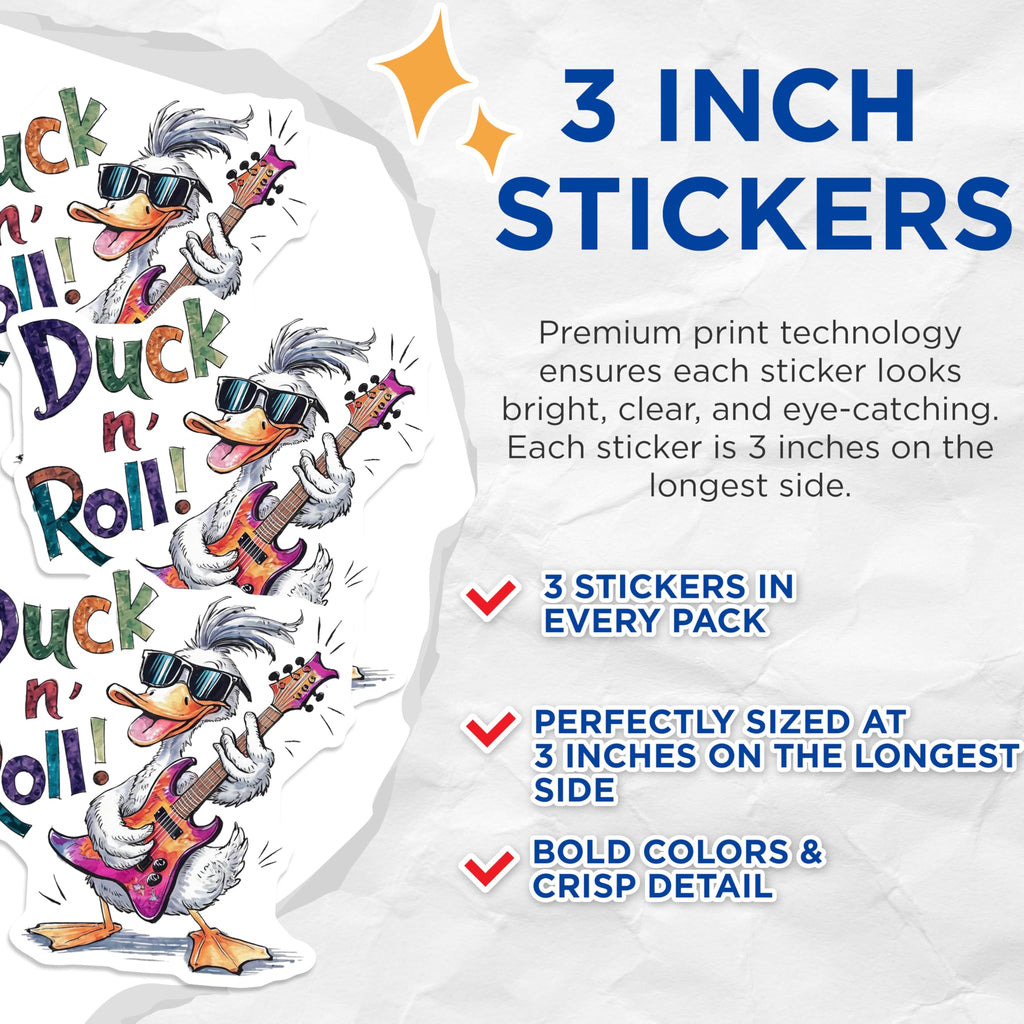 (3 Pack) Duck n Roll Decals - Rocking Duck - Guitar Playing Duck Decals - 3 Inches On Longest Side - Easy Peel & Apply - Made in USA - 3MCS7302