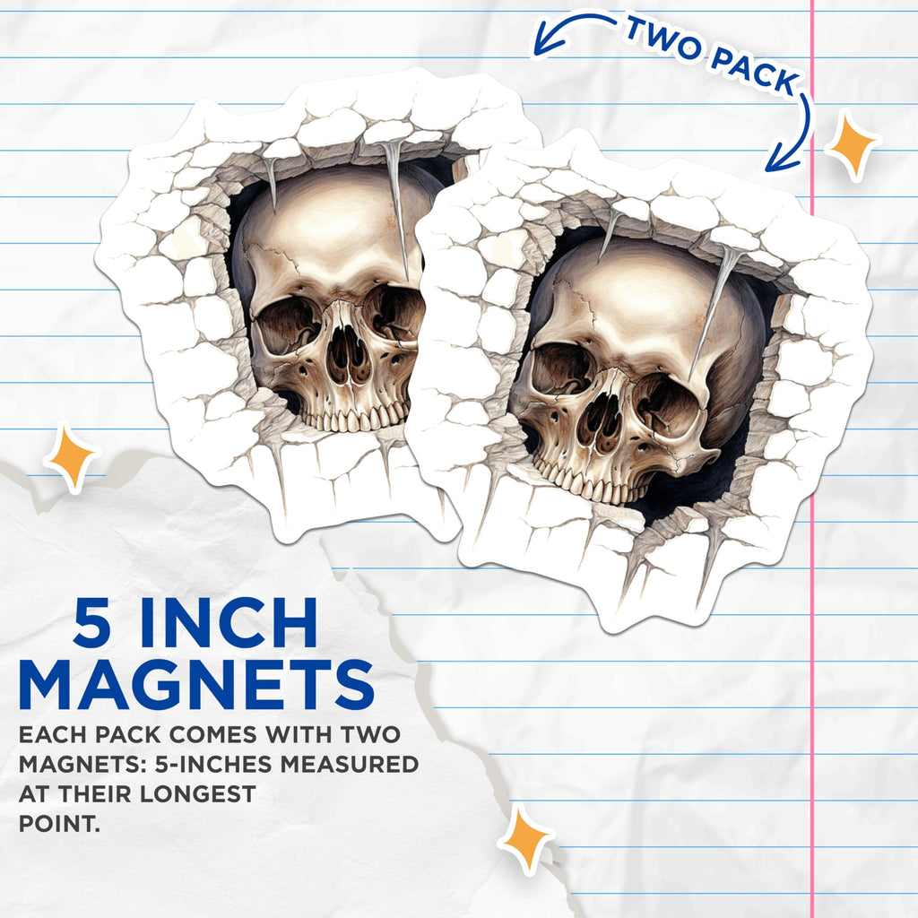 (2 Pack) Gothic Skull Magnets - Cracked Stone Wall Art - Macabre Ice Cave Decor - 5 Inches On Longest Side - Thick Durable Magnet - Made in USA - MAG20864