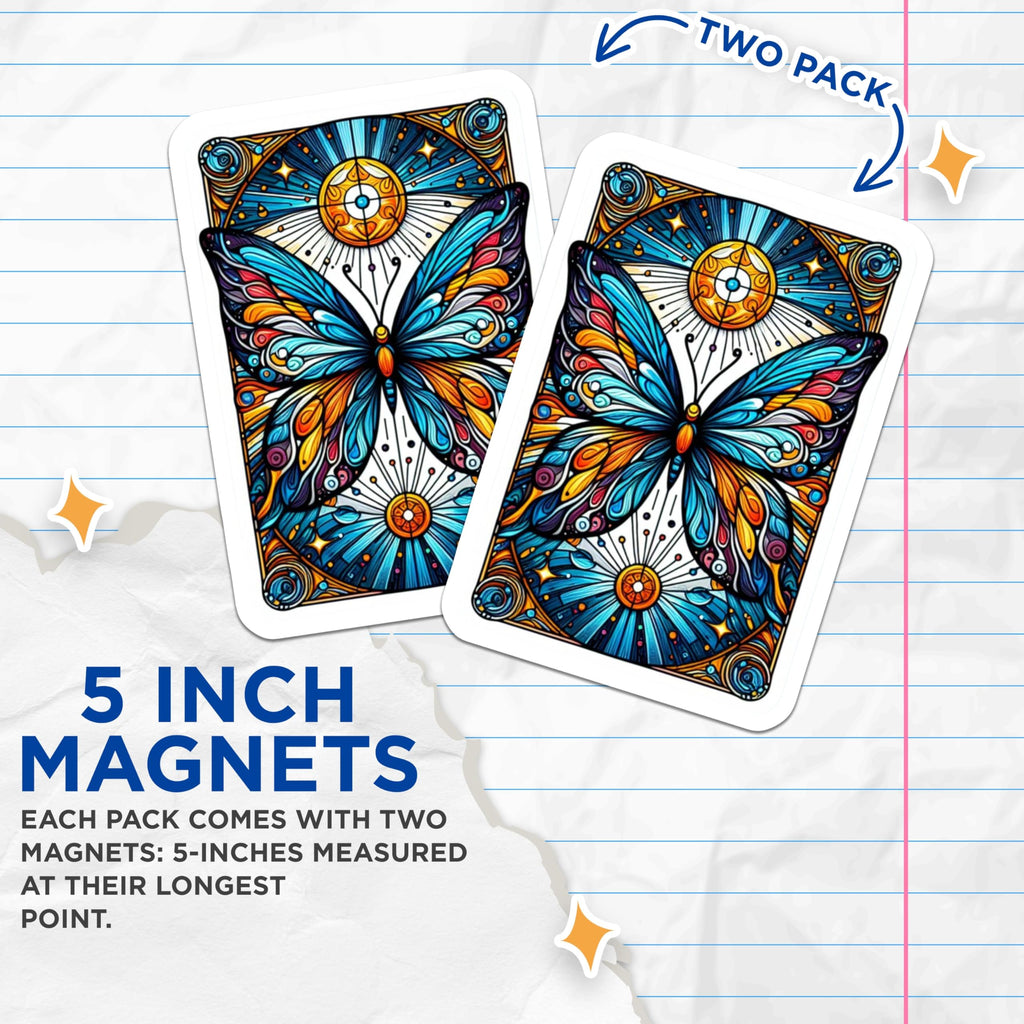 (2 Pack) Vibrant Stained Glass Butterfly Magnets - Celestial Sun Moon Motif - Mystical Art Nouveau Fridge Locker Decor - 5 Inches On Longest Side - Thick Durable Magnet - Made in USA - MAG20786