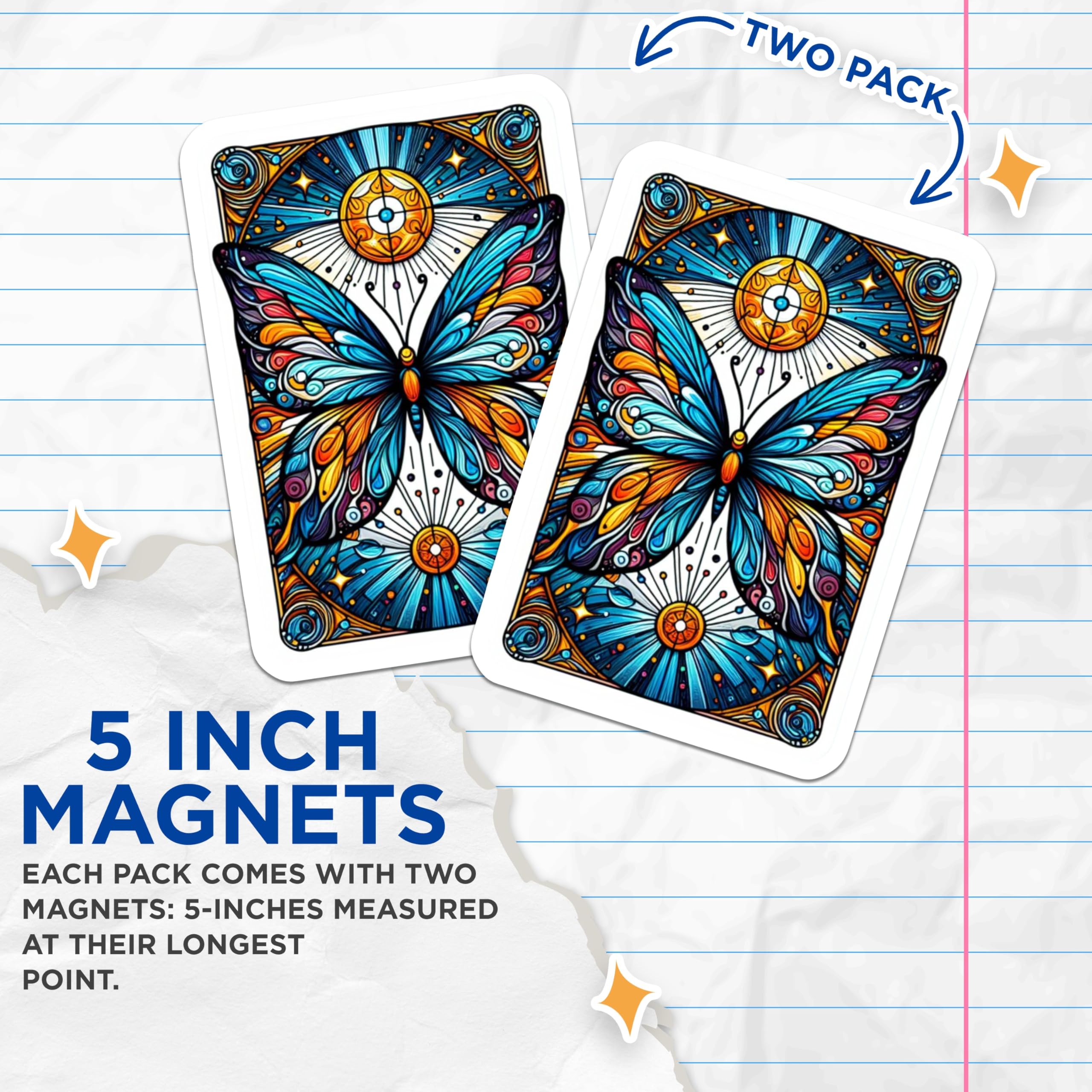 (2 Pack) Vibrant Stained Glass Butterfly Magnets - Celestial Sun Moon Motif - Mystical Art Nouveau Fridge Locker Decor - 5 Inches On Longest Side - Thick Durable Magnet - Made in USA - MAG20786