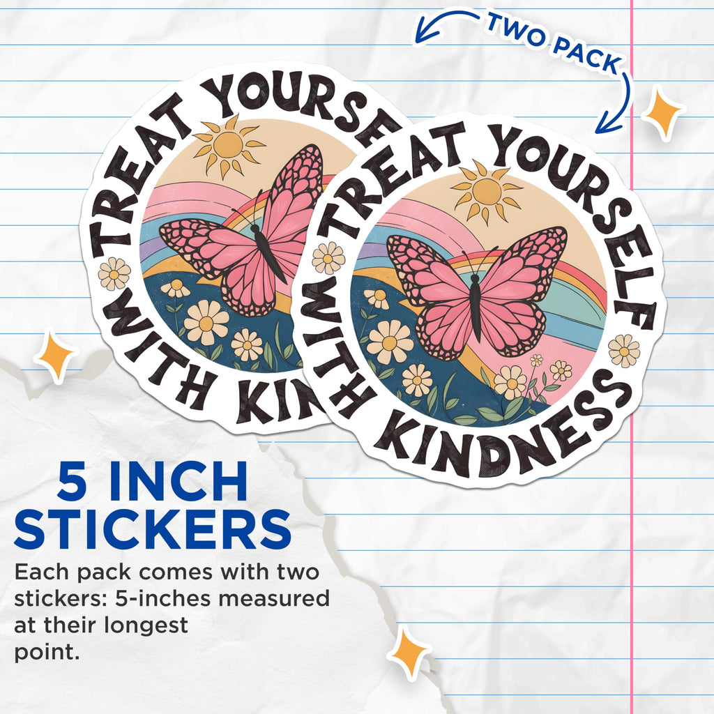 (2 Pack) Treat Yourself Stickers - Kindness Butterfly - Retro Rainbow Sticker - 5" On Longest Side - Sticks to Smooth Flat Surfaces - Made in USA - BMCS18982