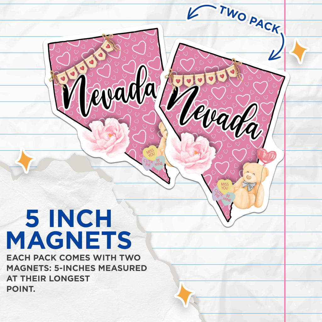 (2 Pack) Nevada Valentine Magnets - Sweet Love State Decor - Teddy Bear Hearts Art - Romantic Pink Nevada Souvenir - 5 Inches On Longest Side - Thick Durable Magnet - Made in USA - MAG20732