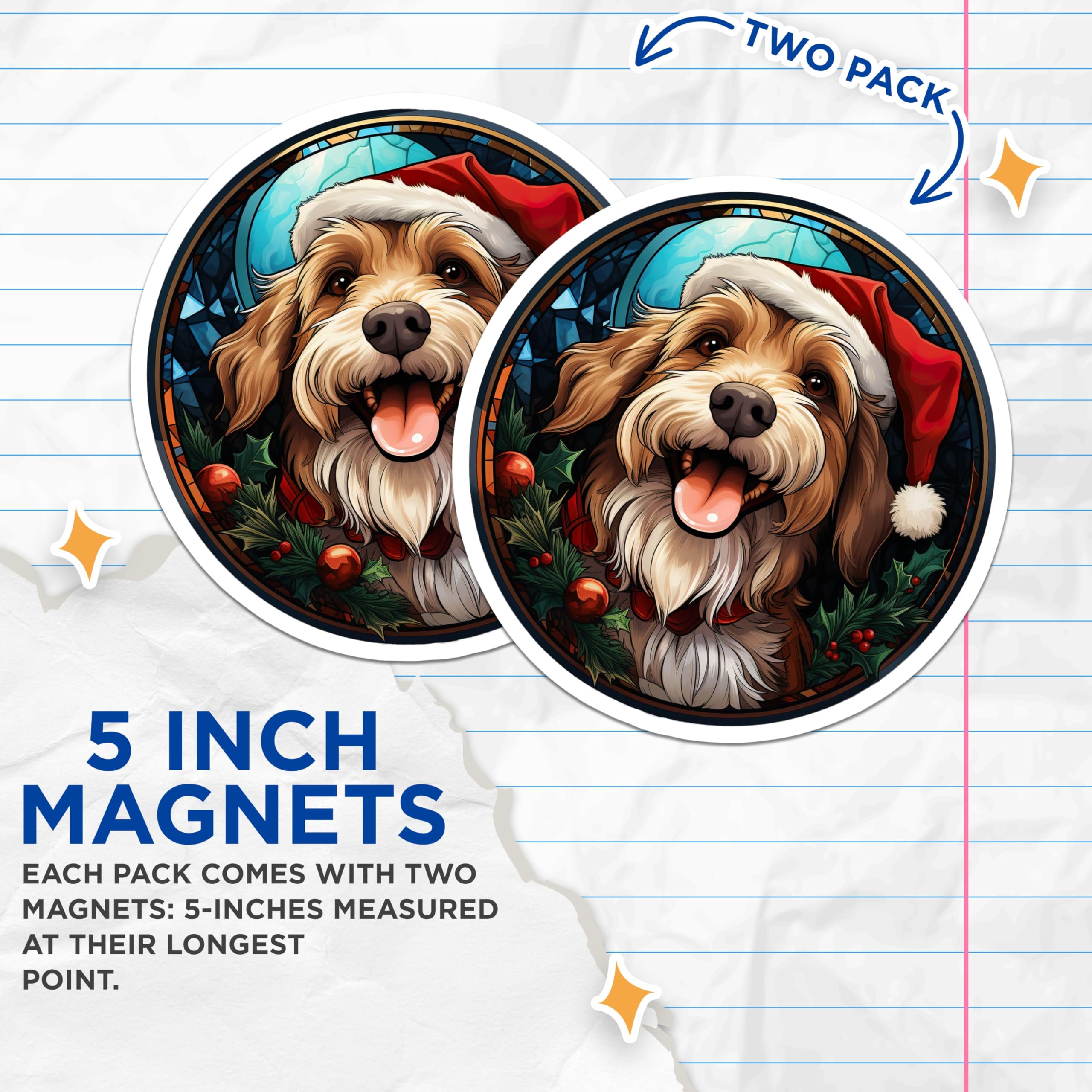 (2 Pack) Christmas Dog Magnets - Santa Hat Pet Decor - Stained Glass Style Art - 5 Inches On Longest Side - Thick Durable Magnet - Made in USA - MAG28403