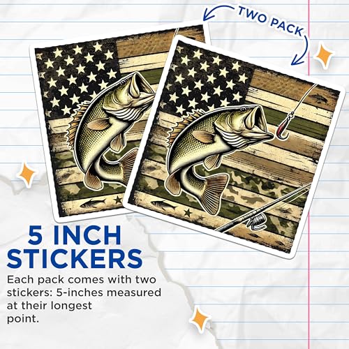 (2 Pack) American Flag Bass Fishing Stickers - Patriotic Decals - USA Angler Enthusiast - 5" On Longest Side - Sticks to Smooth Flat Surfaces - Made in USA - BMCS5699