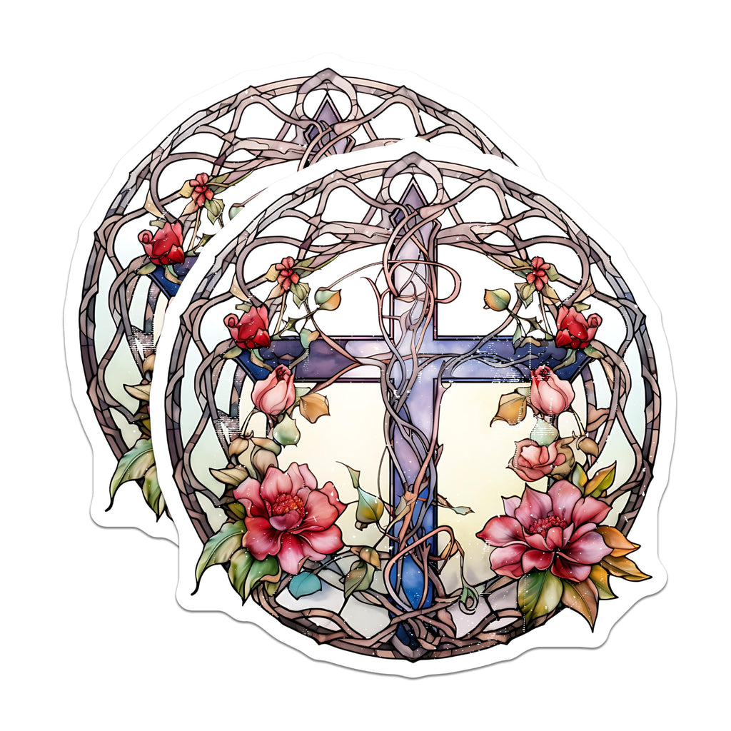 (2 Pack) Stained Glass Cross Magnets - Religious Rose Art - Christian Faith Decor - 5 Inches On Longest Side - Thick Durable Magnet - Made in USA - MAG30396