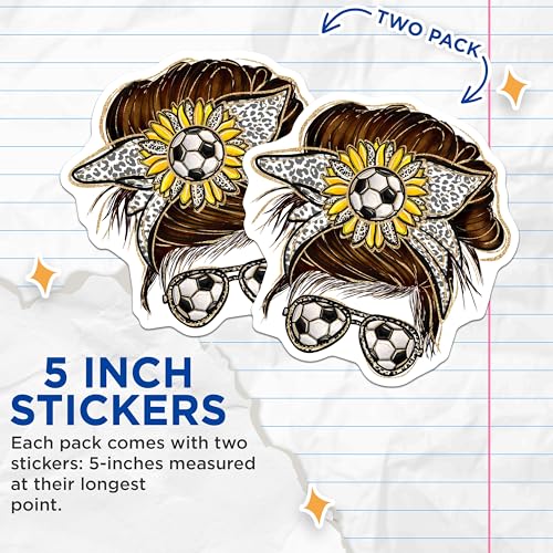 (2 Pack) Soccer Mom Stickers - Sunflower Headband - Sunglasses - Leopard Print - Fun and Stylish - 5" On Longest Side - Sticks to Smooth Flat Surfaces - Made in USA - BMCS6194
