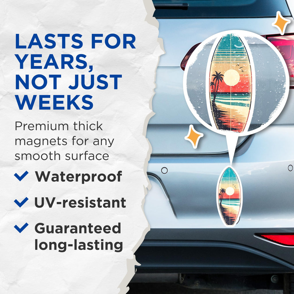 (2 Pack) Surfboard Magnets - Retro Beach Art - Sunset Coastal Home Decor - 5" On Longest Side - Premium Magnet - for Cars, Refrigerators, Toolboxes, Lockers - Made in USA - MAG15753