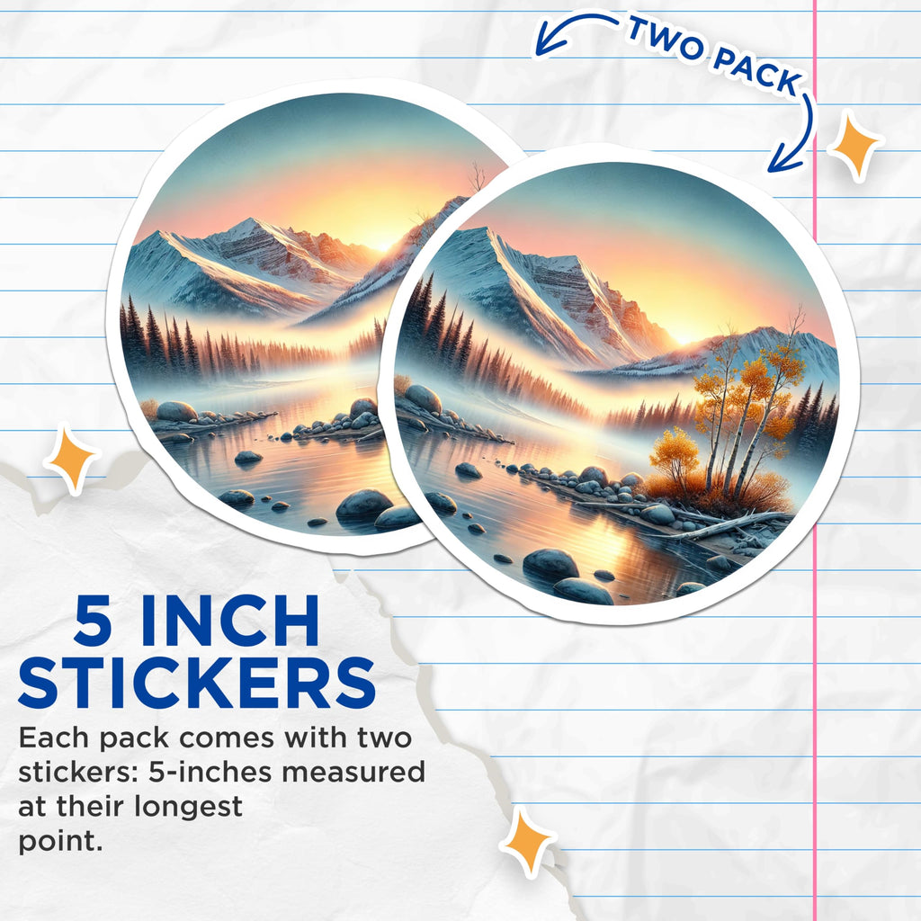 (2 Pack) Mountain Lake Stickers - Snowy Peak Landscape - Nature Scene Decals - 5" On Longest Side - Sticks to Smooth Flat Surfaces - Made in USA - BMCS18020