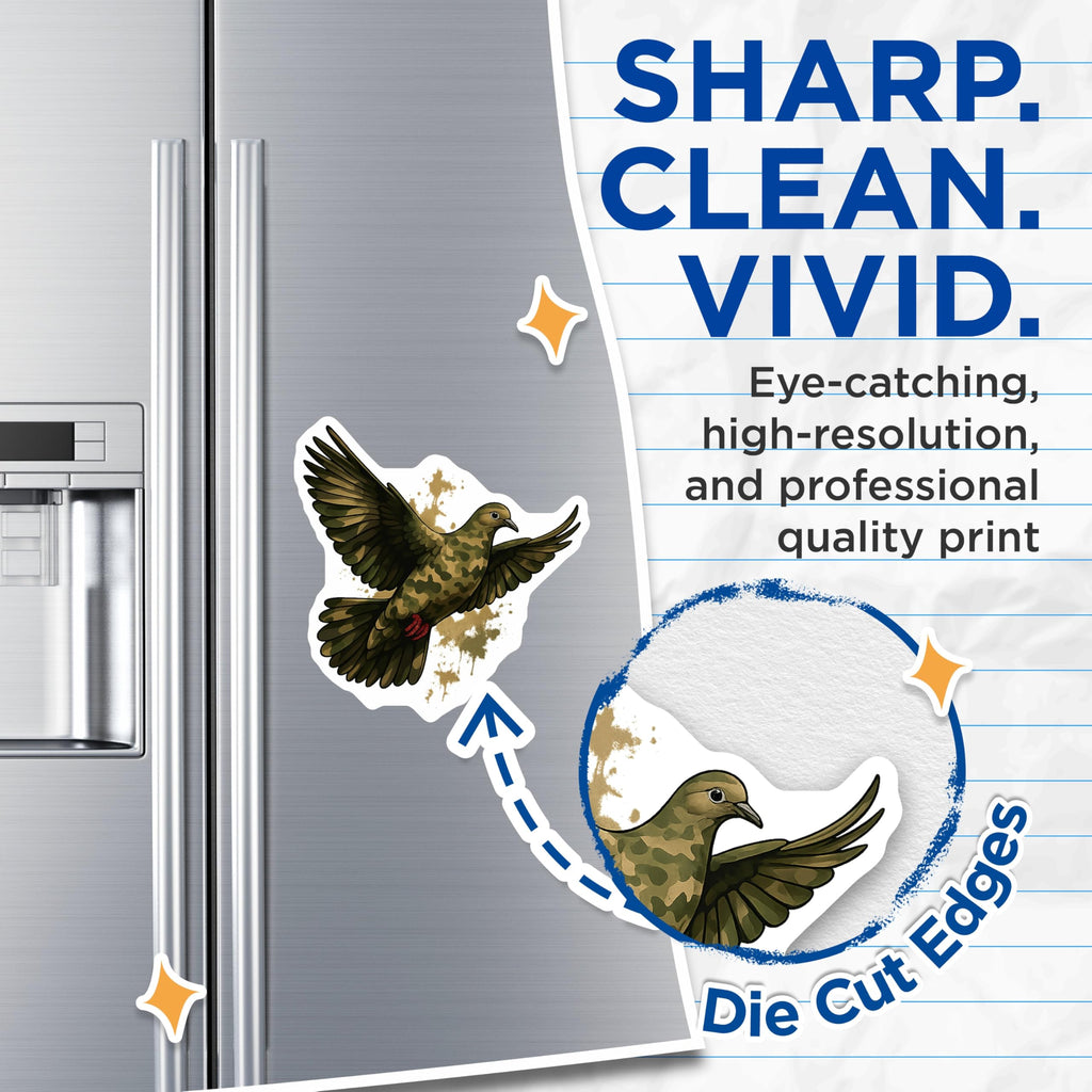 (2 Pack) Camouflage Dove Magnets - Flying Military Bird Art - Army Patterned Peace Symbol Refrigerator Locker Decoration - 5 Inches On Longest Side - Thick Durable Magnet - Made in USA - MAG19678