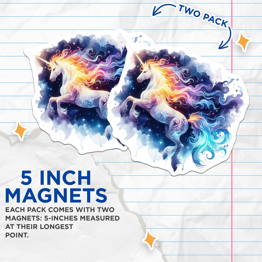 (2 Pack) Magical Unicorn Magnets - Cosmic Rainbow Mane - Whimsical Fantasy Fridge Locker Decor - 5 Inches On Longest Side - Thick Durable Magnet - Made in USA - MAG38475