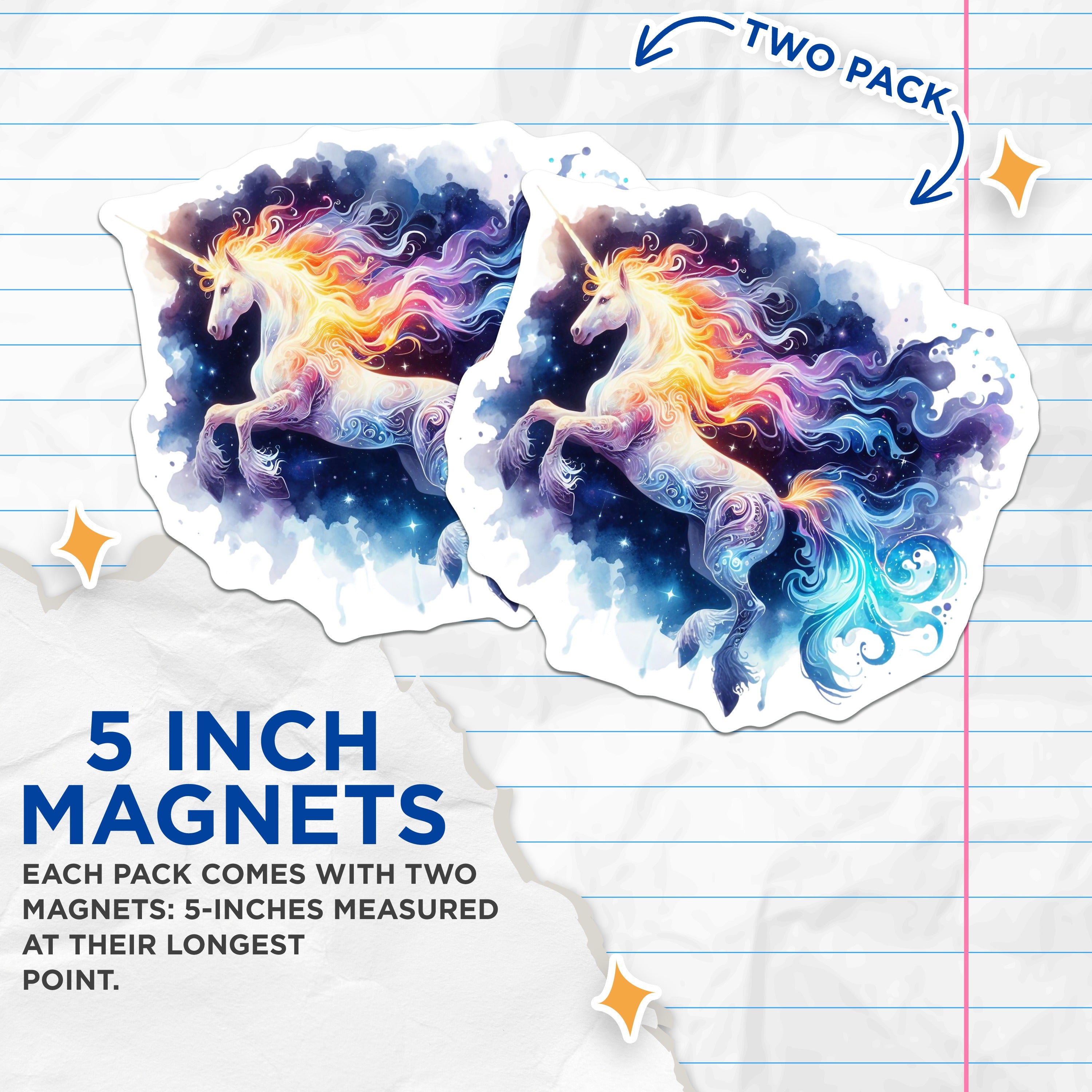 (2 Pack) Magical Unicorn Magnets - Cosmic Rainbow Mane - Whimsical Fantasy Fridge Locker Decor - 5 Inches On Longest Side - Thick Durable Magnet - Made in USA - MAG38475
