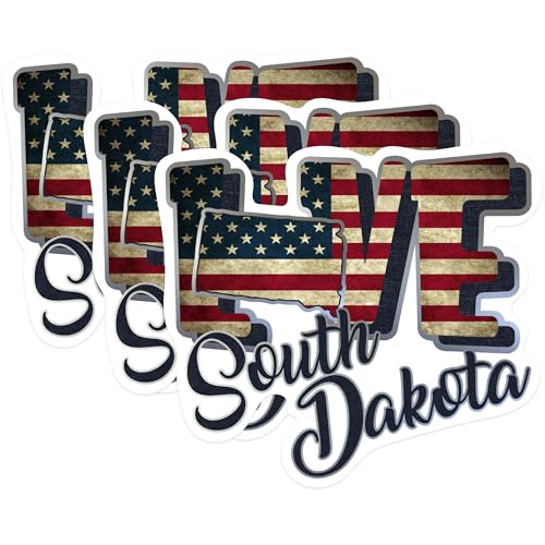 (3 Pack) South Dakota Love Decals - USA Flag - Patriotic State Pride - 3 Inches On Longest Side - Easy Peel & Apply - Made in USA - 3MCS0332