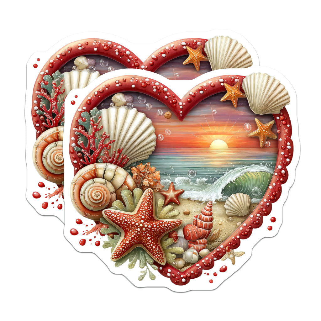 (2 Pack) Ocean Sunset Beach Magnets - Seashell Starfish Art - Coastal Heart Decor for Fridge - 5 Inches On Longest Side - Thick Durable Magnet - Made in USA - MAG37552