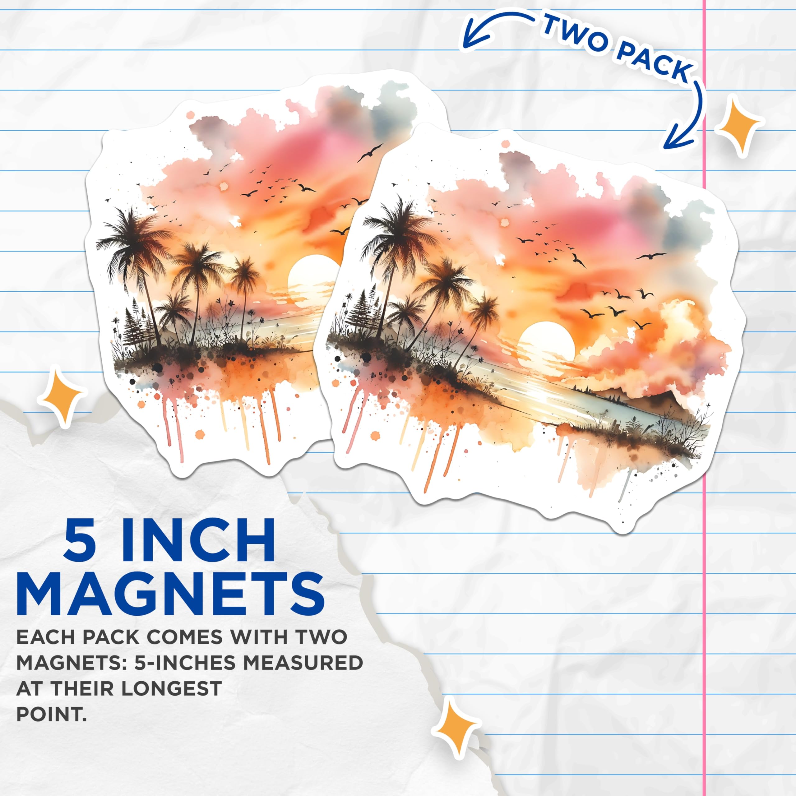 (2 Pack) Sunset Beach Magnets - Palm Tree Art - Watercolor Ocean Scene - 5" On Longest Side - Premium Magnet - for Cars, Refrigerators, Toolboxes, Lockers - Made in USA - MAG14381