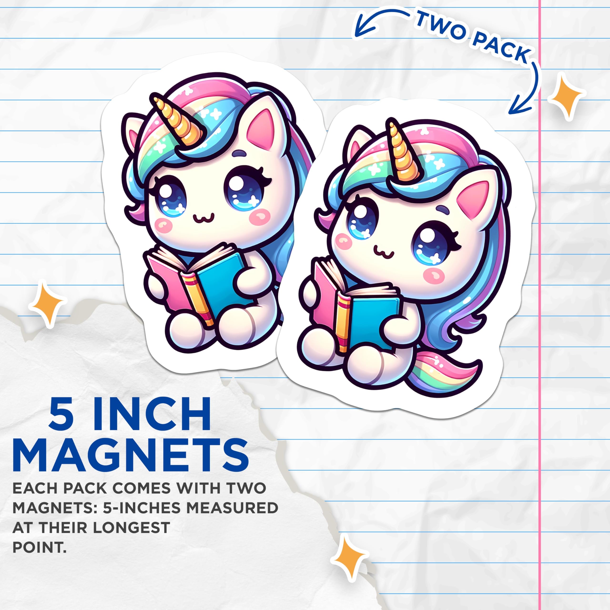 (2 Pack) Chibi Unicorn Reading Magnets - Magical Fantasy Bookworm Decor - Cute Pastel Library Locker Refrigerator Magnet - 5 Inches On Longest Side - Thick Durable Magnet - Made in USA - MAG21591