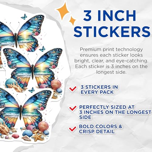 (3 Pack) Butterfly Beach Decals - Ocean Sunset Stickers - Laptop Decal - Decorative Stickers- 3 Inches On Longest Side - Easy Peel & Apply - Made in USA - 3MCS5184