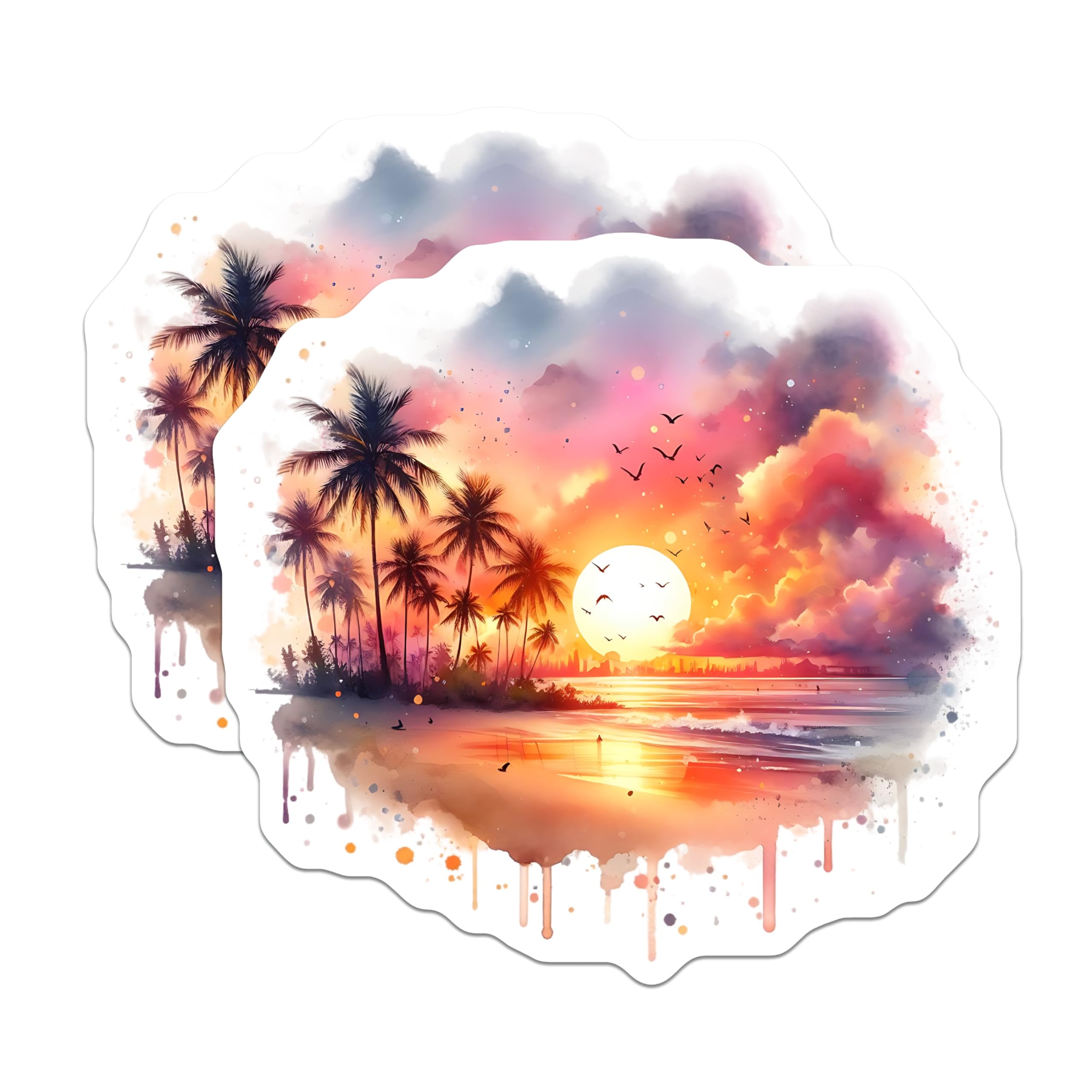 (2 Pack) Tropical Beach Sunset Magnets - Palm Tree Art - Summer Home Decor - 5" On Longest Side - Premium Magnet - for Cars, Refrigerators, Toolboxes, Lockers - Made in USA - MAG14122