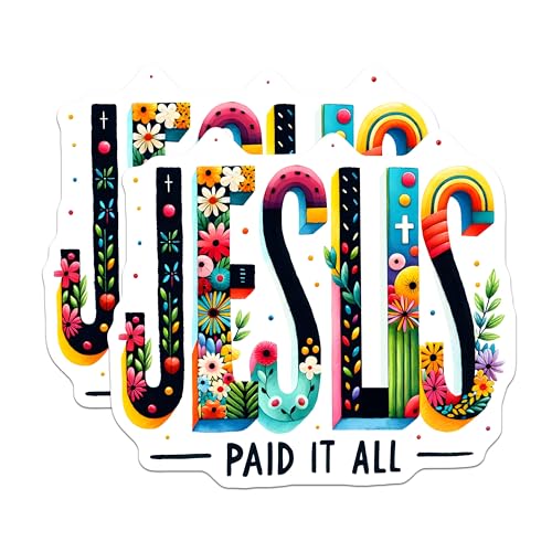 (2 Pack) Jesus Paid It All Stickers - Religious Inspirational Stickers - Faith-Based Encouragement Stickers - 5" On Longest Side - Sticks to Any Smooth Flat Surface - Made in USA - BMCS3118