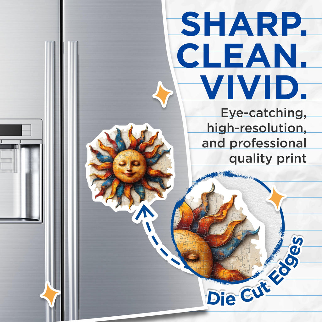 (2 Pack) Celestial Sun Face Magnets - Puzzle Art Design - Bohemian Kitchen Decor - 5 Inches On Longest Side - Thick Durable Magnet - Made in USA - MAG24238