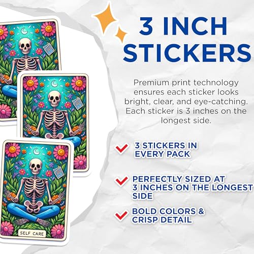 (3 Pack) Self Care Tarot Decals - Meditating Skeleton Art - Calming Floral Laptop Decals - 3 Inches On Longest Side - Easy Peel & Apply - Made in USA - 3MCS8168