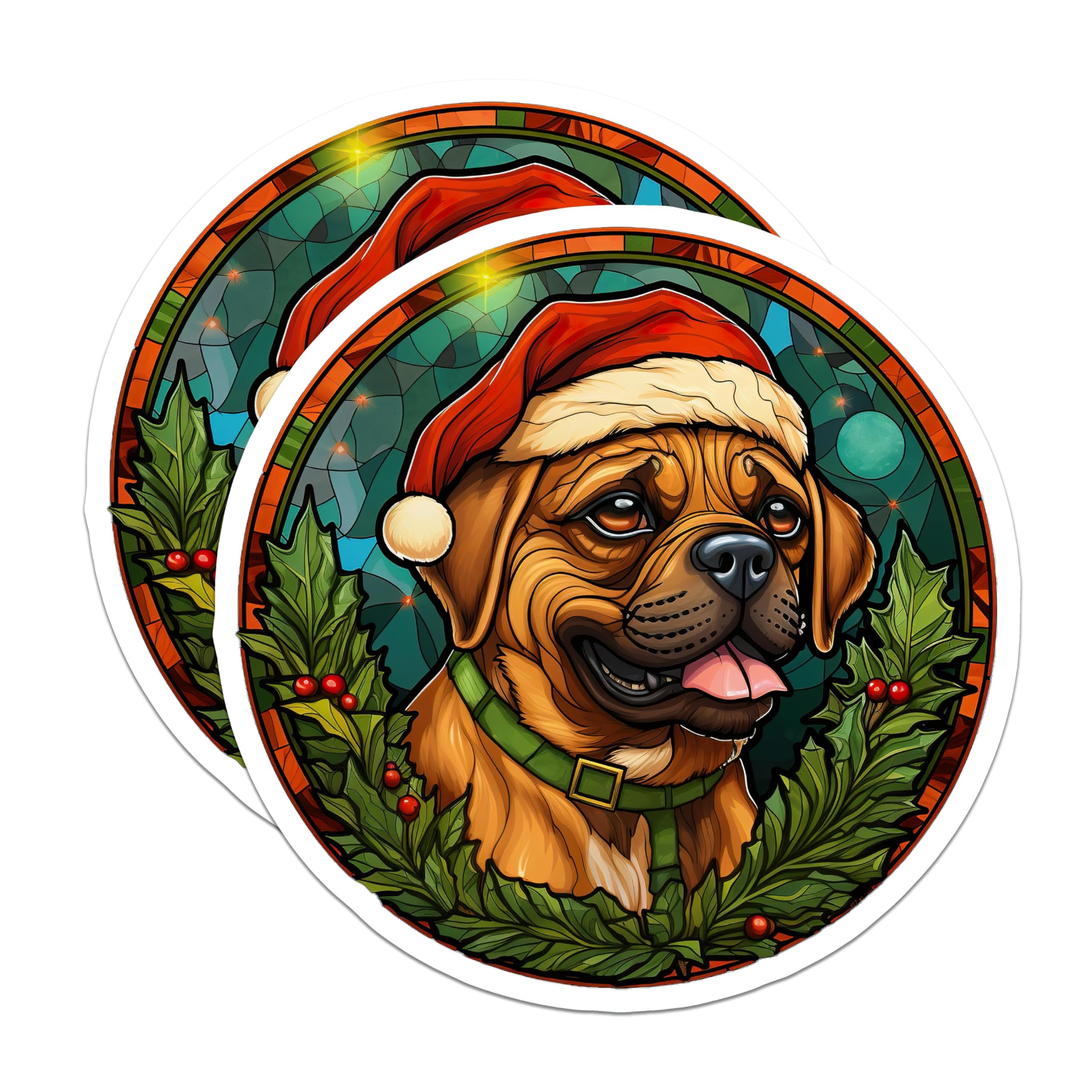 (2 Pack) Christmas Dog Magnets - Santa Hat Pet Fridge Decoration - Festive Stained Glass Animal Art - 5 Inches On Longest Side - Thick Durable Magnet - Made in USA - MAG24324