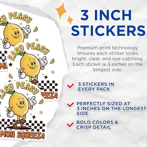 (3 Pack) Lemon Squeeze Decals - Easy Peasy - Cartoon Lemon Sticker - 3 Inches On Longest Side - Easy Peel & Apply - Made in USA - 3MCS7486