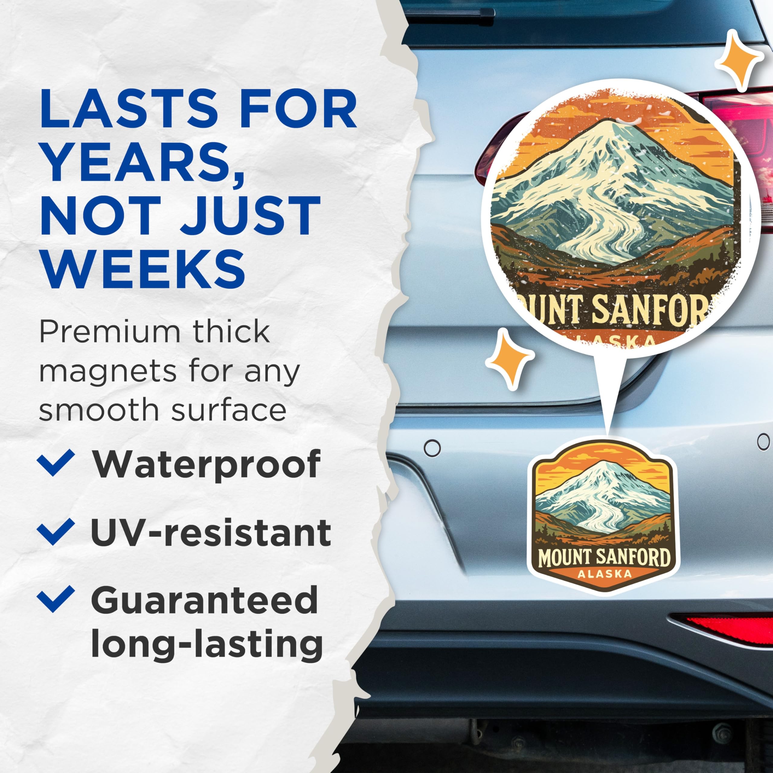 (2 Pack) Mount Sanford Magnets - Alaska Mountain Landscape Art - Retro Travel Souvenir Decor - 5 Inches On Longest Side - Thick Durable Magnet - Made in USA - MAG20006